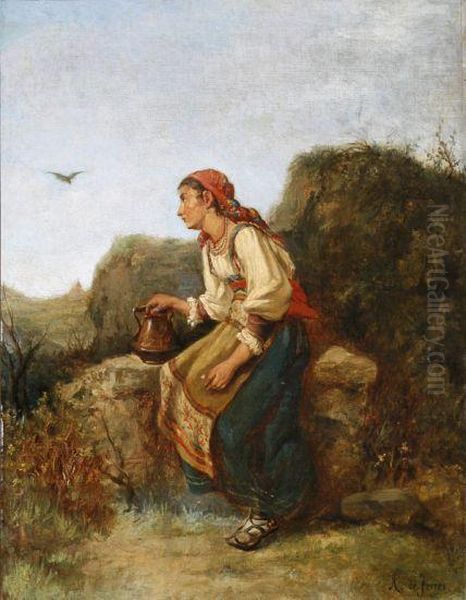 Una Joven En Un Paisaje. Oil Painting by Antonio De Ferrer Corrios