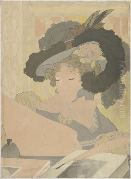 Femme Lisant (lesendefrau Mit Federhut) Oil Painting by Georges de Feure