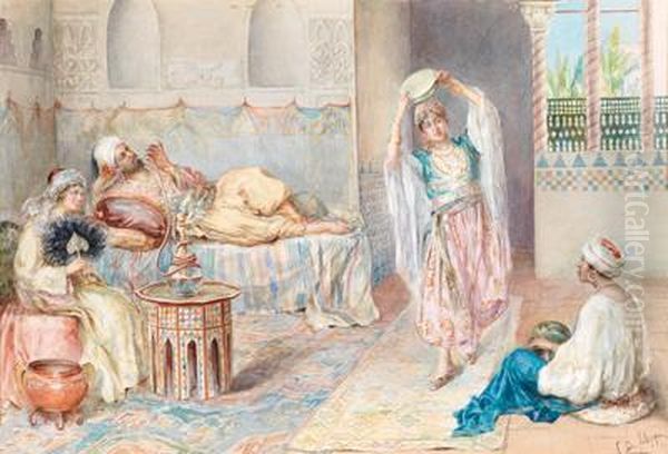 Orientalisches Interieur Mit Einertamburintanzerin Oil Painting by C De Filippi