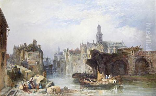 Continental Town Scenes By A River, A Pair Oil Painting by James Vivien de Fleury