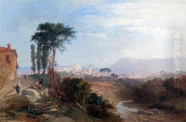 Italian Landscape With A Town Oil Painting by James Vivien de Fleury