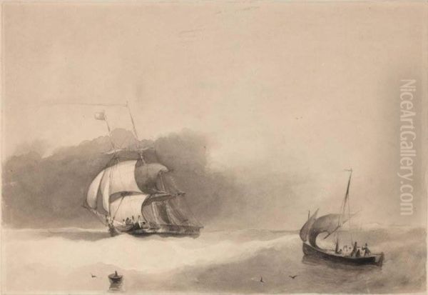 A Ship And A Small Sailing Boat On A Rough Sea Oil Painting by Charles Fred. Barth. De Florimont