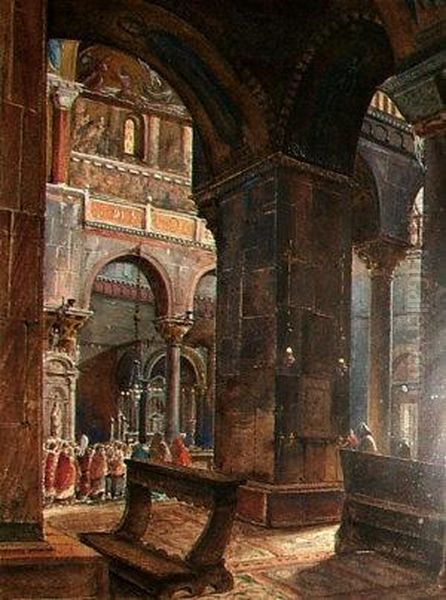 Views Of Romanesque Church Interiors Oil Painting by Adolphe Barrigue De Fontaineau