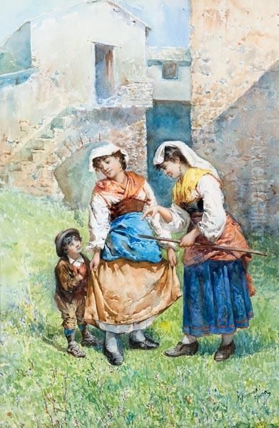 Contadine E Bimbo Oil Painting by Mariano De Franceschi