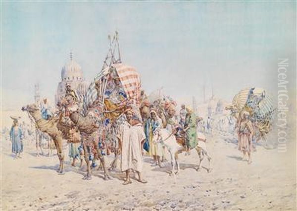 Orientalische Figurengruppe Mit Einer Eleganten Dame Auf Einem Kamel Oil Painting by Mariano De Franceschi