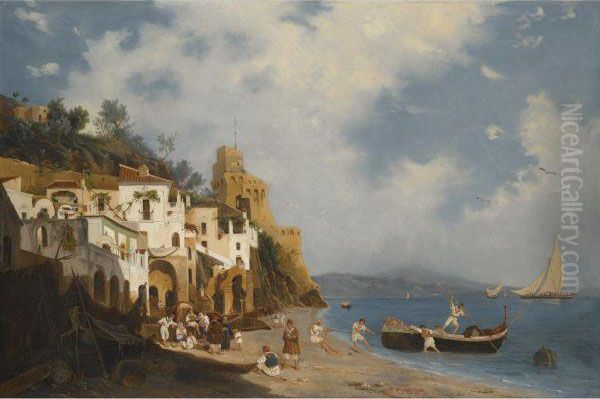 A View Of Cetara On The Amalfi Coast Oil Painting by Beniamino De Francesco