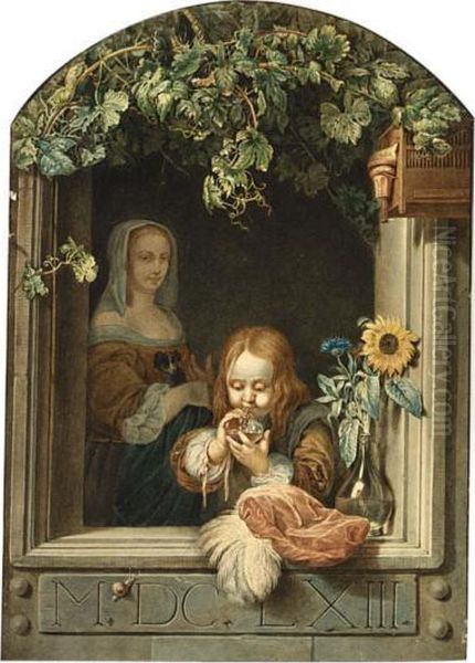 A Boy Blowing Bubbles In A Window With A Maid Standing Behind Oil Painting by Anna De Frey