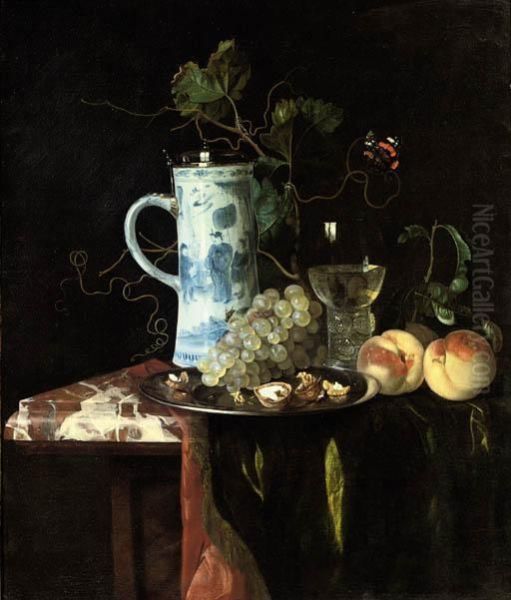 A Chinese Transitional Blue And White Silver-mounted Tankard Oil Painting by Hendrik de Fromantiou