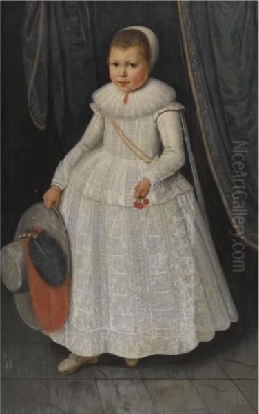 Portrait Of A Young Girl, Full Length, Wearing A White Lace Dress And Holding A Hat And Cherries Oil Painting by Wybrand Simonsz. de Geest