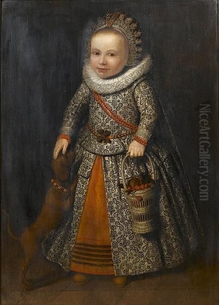 Portrait Of A Child, Full Length, In A White Dress, Ruff Collar And Lace Cap, Holding A Basket Of Cherries, Standing Beside A Dog Oil Painting by Wybrand Simonsz. de Geest