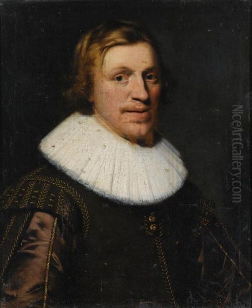 A Portrait Of A Young Gentleman, Bust Length, Wearing A Brown Gold-embroidered Suit With A White Collar Oil Painting by Wybrand Simonsz. de Geest