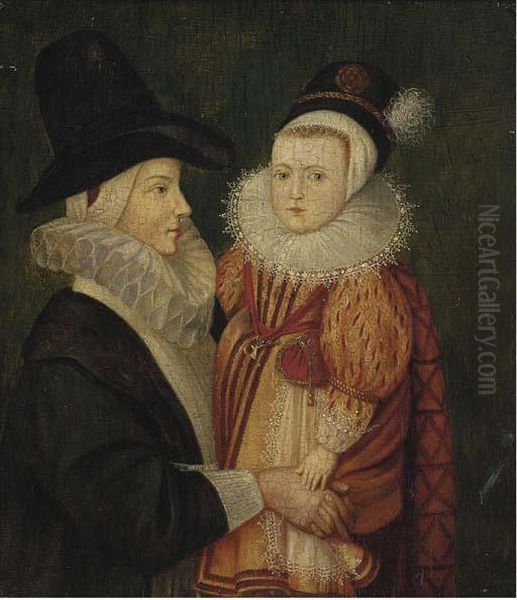 Portrait Of A Lady, Half-length, Holding A Child In Her Arms Oil Painting by Wybrand Simonsz. de Geest