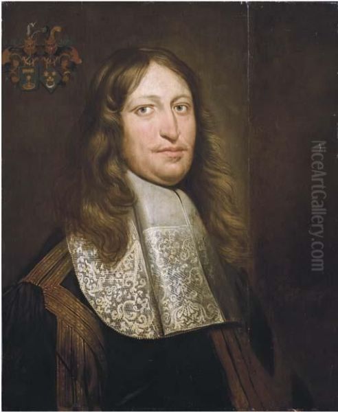 Portrait Of A Man Of The Camstra - Ebbinga Tot Blya Family,half-length, In Black Costume And White Jabot Oil Painting by Wybrand Simonsz. de Geest