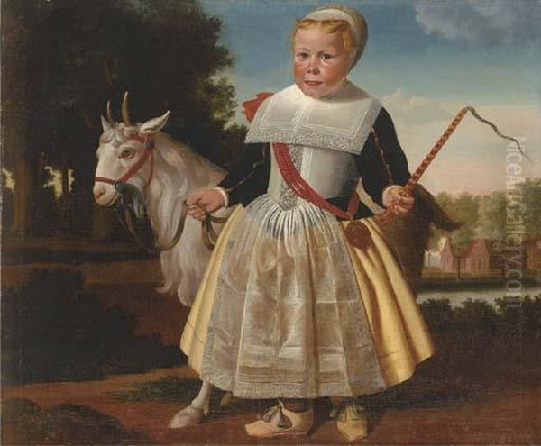 Portrait Of A Young Girl, Standing Full-length, In A Landscape,holding A Tethered Goat With Her Right Hand And A Whip In Her Lefthand Oil Painting by Wybrand Simonsz. de Geest