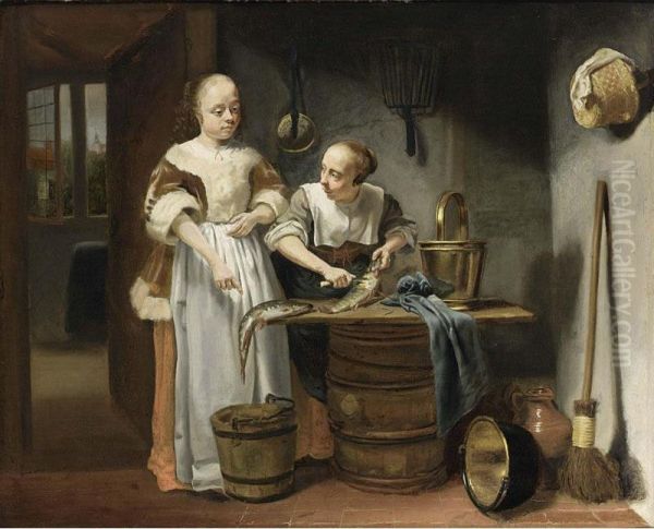 A Lady In A Kitchen Interior With A Maid Scaling Fish Oil Painting by Justus De Gelder