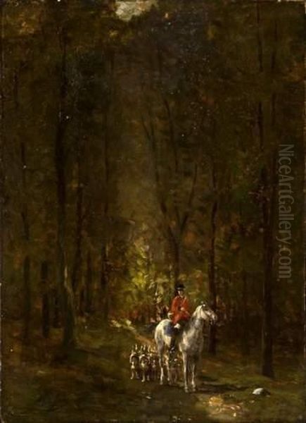 Veneurs Et Meute En Sous-bois Oil Painting by Jean Victor Albert De Gesne