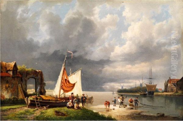 Hollandische Kanallandschaft Oil Painting by L.J. De Gijselaar