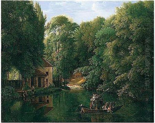 View Of 'la Brasserie' At Ermenonville, With Sportsmen Shooting Duck On A River Oil Painting by Alexandre-Franois-Louis Comte De Girardin