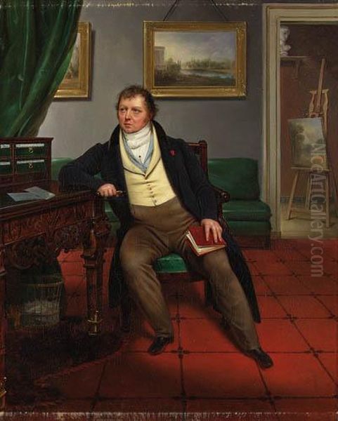 Portrait Of The Artist, Seated Full-length, In An Interior, Holdinga Book And A Porte-crayon, A Landscape Painting On An Easelbehind Oil Painting by Alexandre-Franois-Louis Comte De Girardin