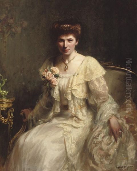 Portrait Of Mrs Haslam, Seated Three-quarter-length, In A White Dress And Pearl Necklace Oil Painting by Hugh Twenebrokes De Glazebrook