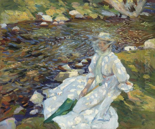 Jane Emmet De Glehn By A Stream, Val D'aosta Oil Painting by Wilfred Gabriel De Glehn