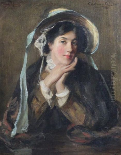 Portrait Of A Lady With Blue Ribbon Tied Bonnet Oil Painting by Graham De Glen