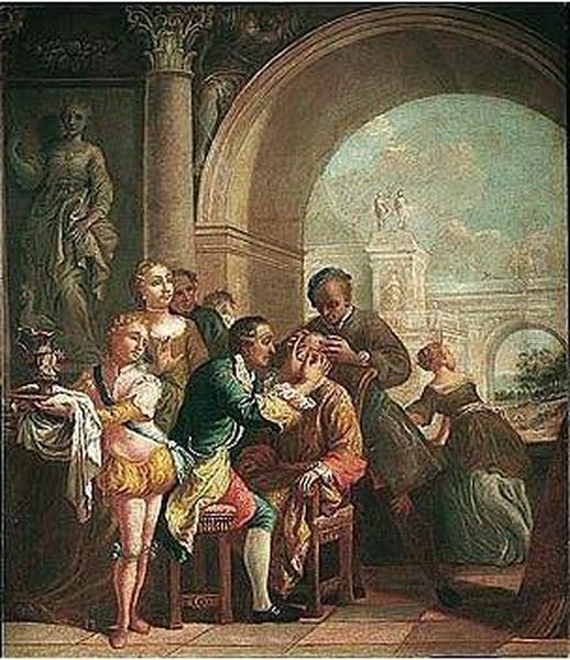 A Man Being Administered By A Doctor, In Elegant Architectural Surroundings Oil Painting by Giuseppe De Gobbis