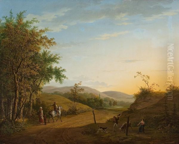 Waldweg Mit Reiter Und Landvolk Bei Sonnenuntergang Oil Painting by Pieter De Goeje