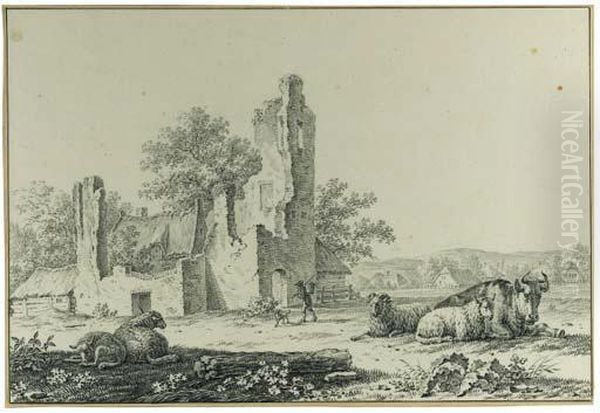 A Shepherd Near The Ruin Of The Abbey Of Rijnsburg With Cattleresting In The Foreground, Farmhouses Beyond; And A Milking Girl Bythe Ruin Of Catstle Brederode With Cattle Resting In Theforeground Oil Painting by Pieter De Goeje