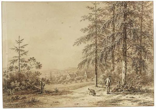 Travellers Resting In A Hilly Wooded Landscape, A Cornfield Withfarmhouses Beyond Oil Painting by Pieter De Goeje