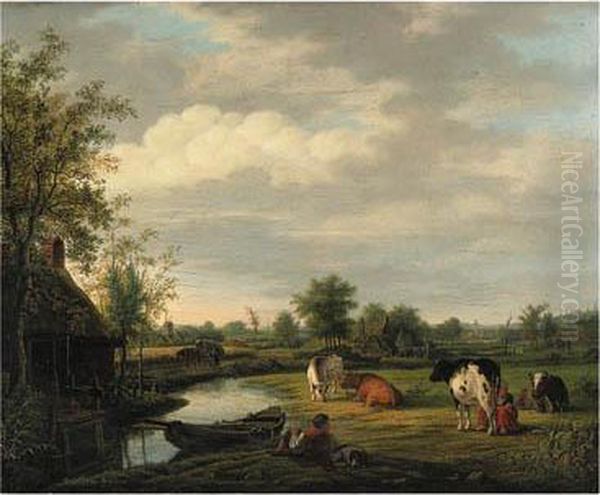 Peasants And Cattle By A Cottage In A River Landscape Oil Painting by Pieter De Goeje