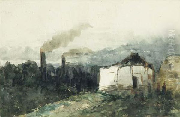 Paysage Industriel, Avec Une Chaumiere Devant Laquelle On Distingue
 2 Petits Personnages. Au Loin, De Hautes Cheminees Industrielles
 Dont S'echappe De La Fumee. Oil Painting by Jules Alfred Huot De Goncourt