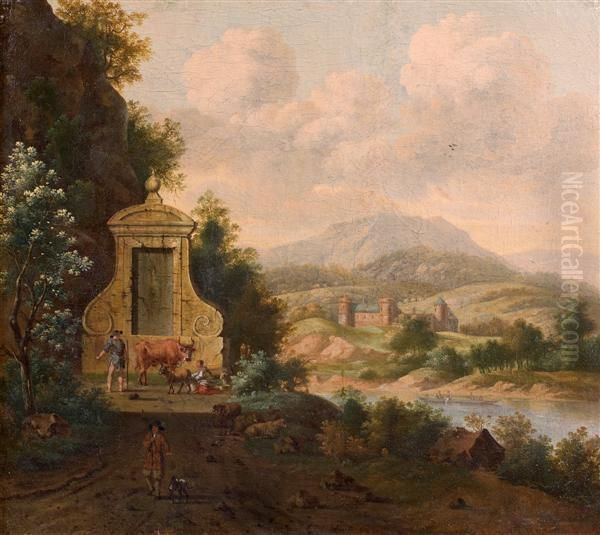 Paysans Pres D'une Fontaine Dans Un Paysage Fluvial Oil Painting by Josua de Grave