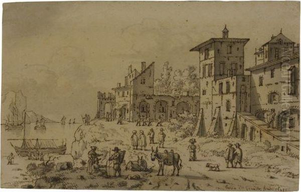 Italianate Buildings By A River Oil Painting by Josua de Grave