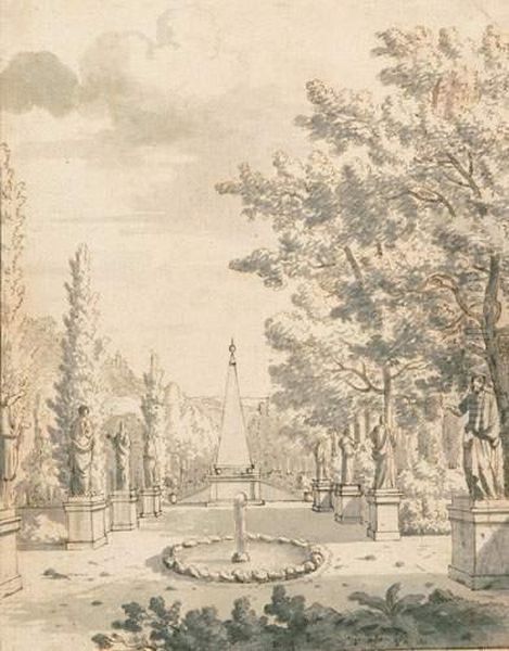 Allee Eines Palastgartens Mit Brunnen, Statuen Und Einem Obelisk. Oil Painting by Josua de Grave