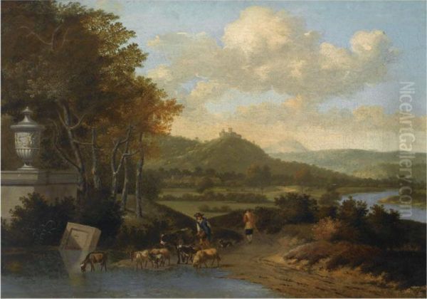 Shepherds With Their Flock Watering In A Classical Landscape Oil Painting by Josua de Grave