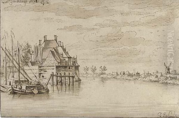 View Of The River Maas At Dordrecht Oil Painting by Josua de Grave