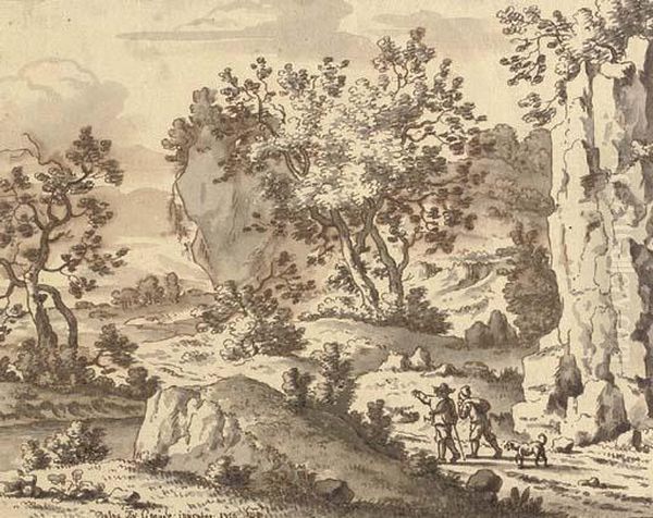 A Rocky Landscape With Travellers On A Path Oil Painting by Josua de Grave