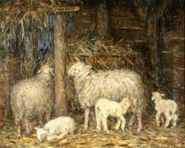 Schapen Inde Stal. Gesigneerd Oil Painting by Jacoba De Graaff