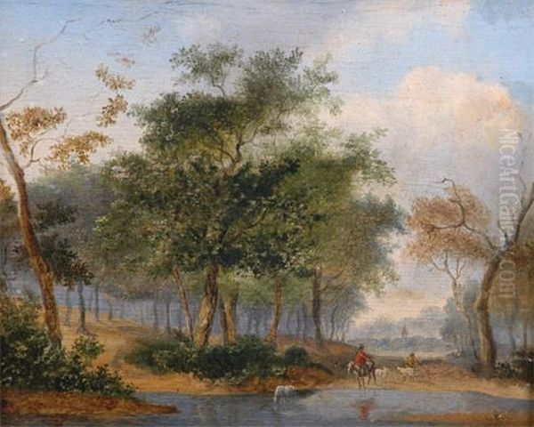 Figures On Horse Back With Goats Crossing A Ford Oil Painting by Jan De Graef