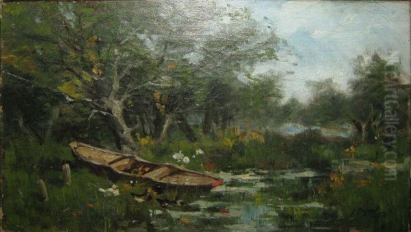 Bootje In De Kreek. Oil Painting by Jean-Baptiste De Greef