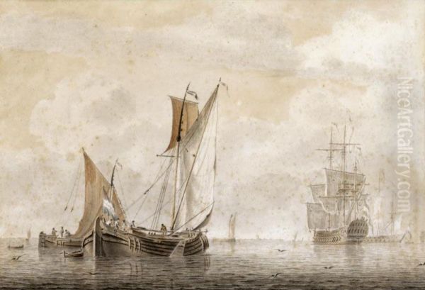 Small Vessels On A Calm Sea, With Two Yachts In The Distance Oil Painting by Cornelis De Grient