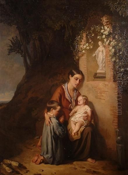 A Penitent Family At The Village Shrine. Oil Painting by Vital De Gronckel