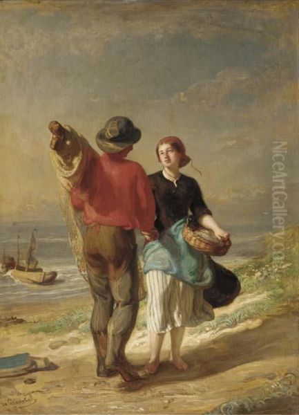 A Romantic Encounter On The Coast Oil Painting by Vital De Gronckel