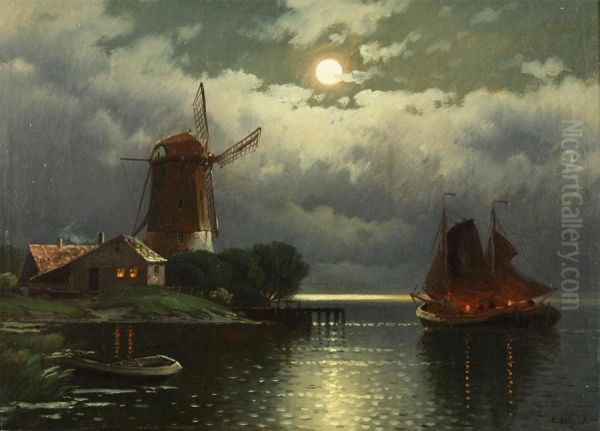 Dutch River Landscape With Windmill And Fishing Boats At Full Moon Oil Painting by Catharina De Groot