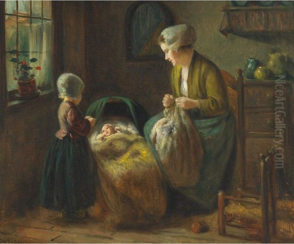 Dutch Interior With Mother And Children Oil Painting by Jan Hendrick van Grootvelt