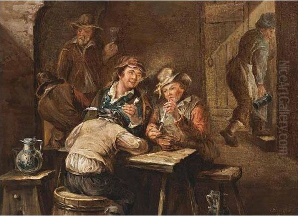 A Tavern Interior With Figures Smoking Oil Painting by Jan Hendrick van Grootvelt