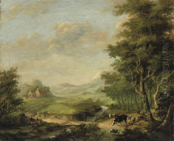 Cattle In A Wooded Landscape Oil Painting by Jan Ernst De Groot