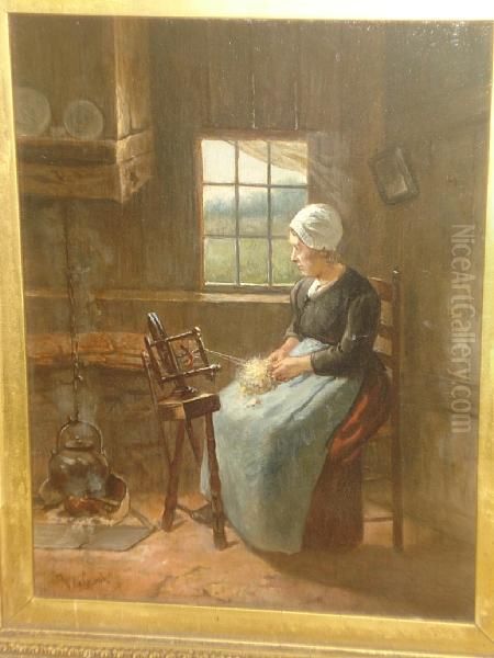 Interior With Maid At A Spinning Wheel Oil Painting by Joseph De Groot