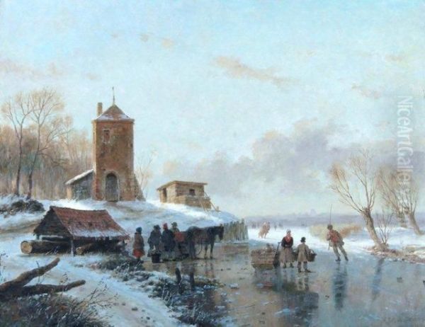 Dutch Figures Skating On A Frozen Lake Oil Painting by A. J. F. De Groote